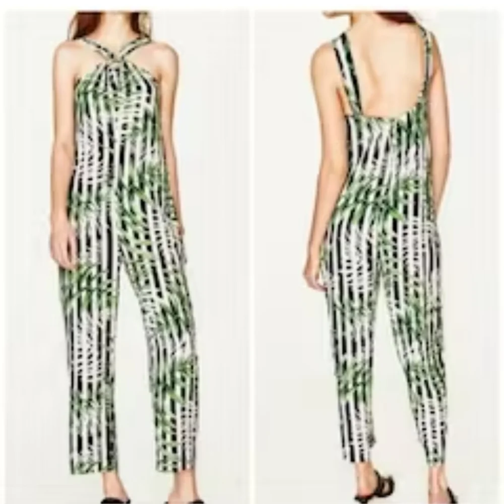 Zara Trafaluc Romper Jumper capri length halter top sleeveless palm leaf print